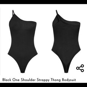 Black One Shoulder Strappy Thong Bodysuit